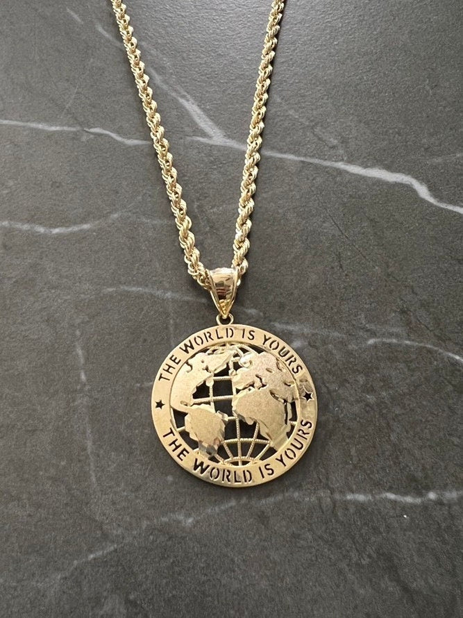 Authentic Solid 10k Yellow Gold, 10K Textured Round Globe Planet Earth World Map, "World Is Yours" World/Globe Pendant, Real 10K Gold Earth