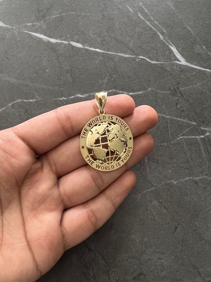 Authentic Solid 10k Yellow Gold, 10K Textured Round Globe Planet Earth World Map, "World Is Yours" World/Globe Pendant, Real 10K Gold Earth