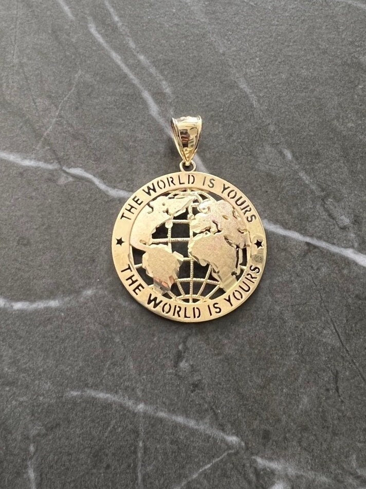 Authentic Solid 10k Yellow Gold, 10K Textured Round Globe Planet Earth World Map, "World Is Yours" World/Globe Pendant, Real 10K Gold Earth