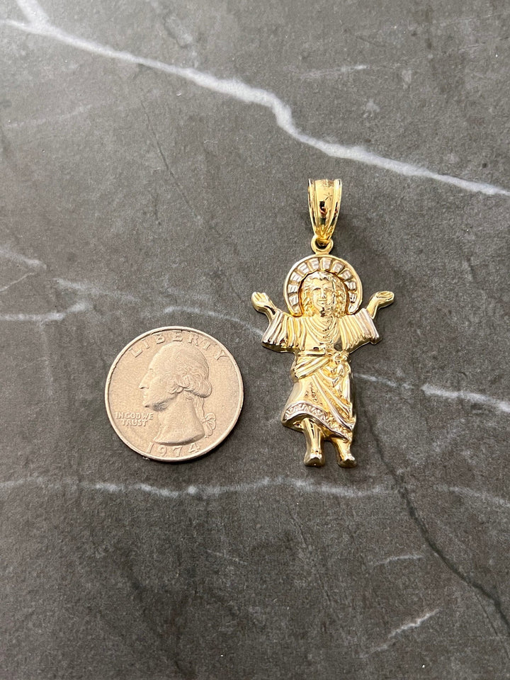 10K Yellow Gold .925 Sterling Silver Textured Diamond Cut Saint Jude with Halo Charm/Pendant, Saint Jude Thaddeus Medal 10K San Judas Saint