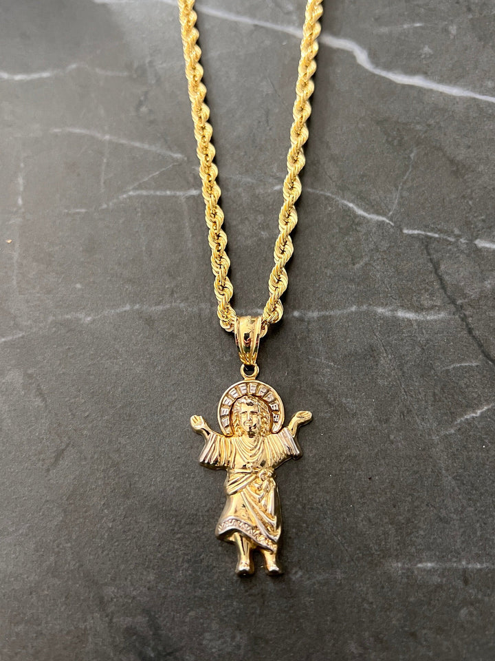 10K Yellow Gold .925 Sterling Silver Textured Diamond Cut Saint Jude with Halo Charm/Pendant, Saint Jude Thaddeus Medal 10K San Judas Saint