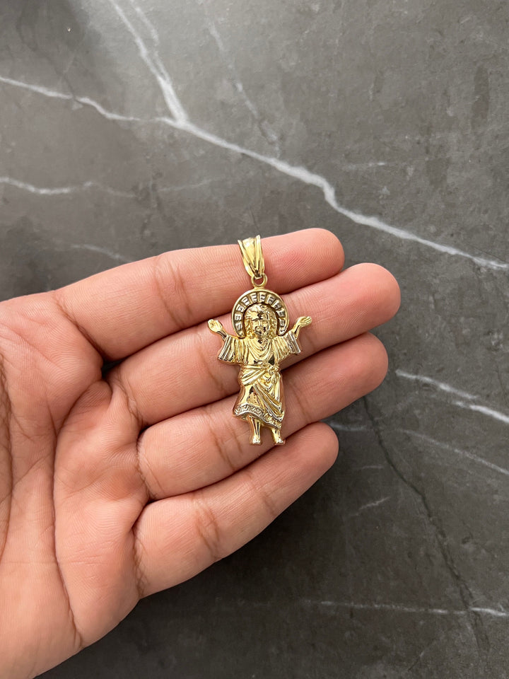 10K Yellow Gold .925 Sterling Silver Textured Diamond Cut Saint Jude with Halo Charm/Pendant, Saint Jude Thaddeus Medal 10K San Judas Saint