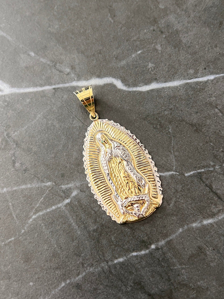 10K Yellow Gold .925 Sterling Silver Virgin Mother Mary Lady Guadalupe Charm/Pendant, Diamond Cut Real 10K Solid Mother Mary Jesus Medallion