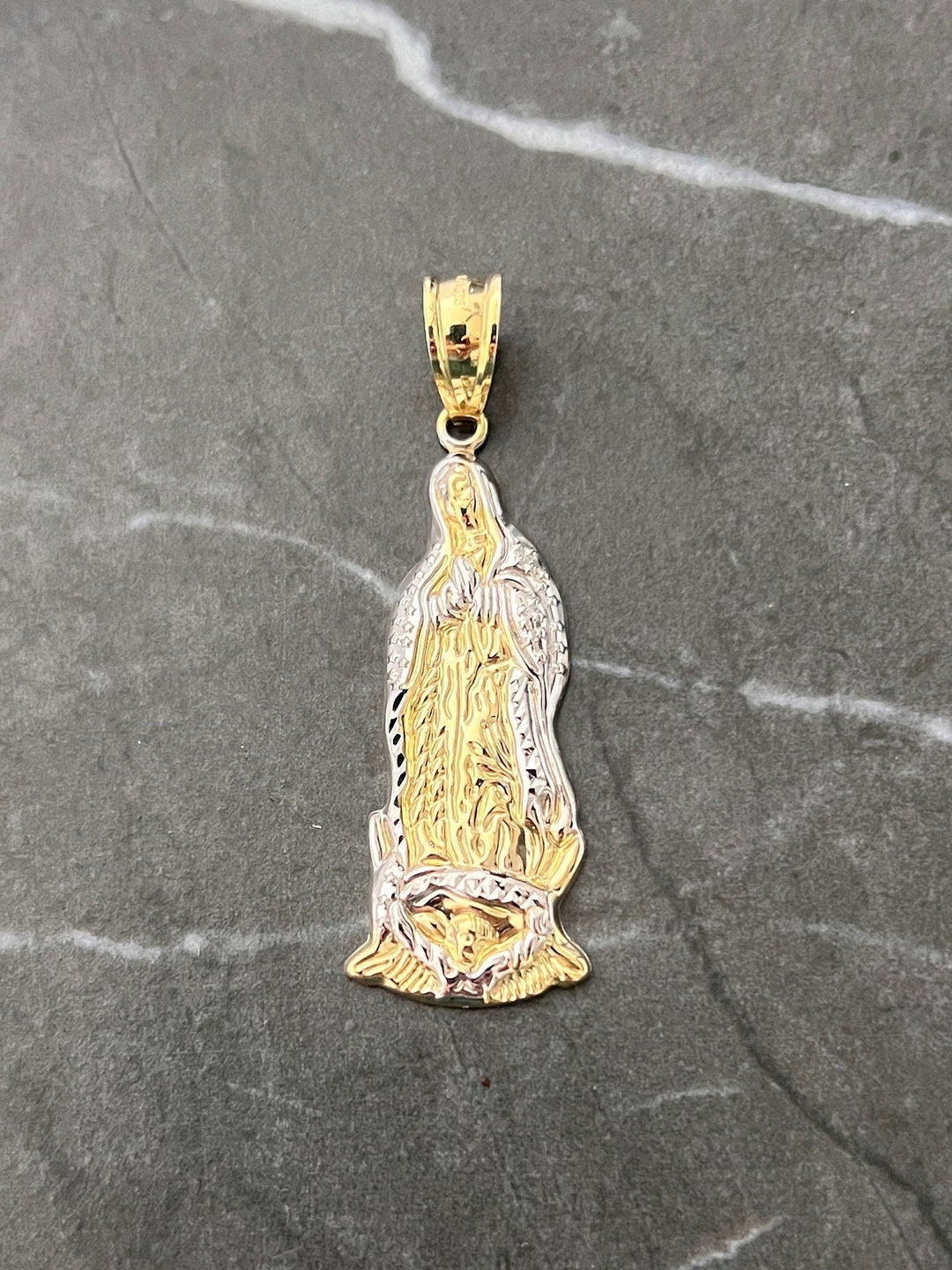 10K Yellow Gold .925 Sterling Silver Virgin Mother Mary Lady Guadalupe Charm/Pendant, Diamond Cut Real 10K Solid Mother Mary Jesus Medallion