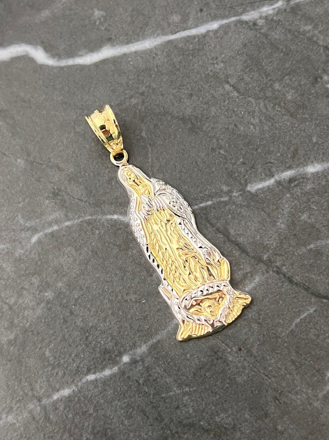 10K Yellow Gold .925 Sterling Silver Virgin Mother Mary Lady Guadalupe Charm/Pendant, Diamond Cut Real 10K Solid Mother Mary Jesus Medallion