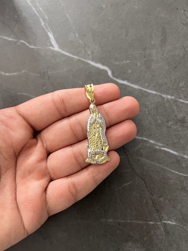 10K Yellow Gold .925 Sterling Silver Virgin Mother Mary Lady Guadalupe Charm/Pendant, Diamond Cut Real 10K Solid Mother Mary Jesus Medallion