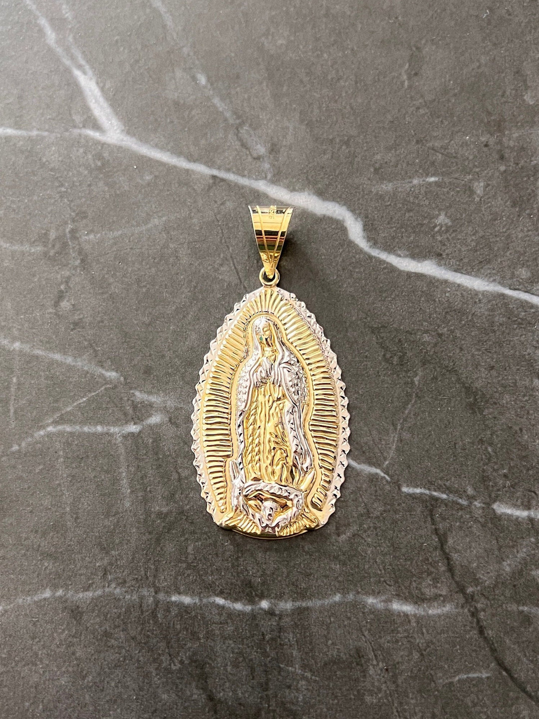 10K Yellow Gold .925 Sterling Silver Virgin Mother Mary Lady Guadalupe Charm/Pendant, Diamond Cut Real 10K Solid Mother Mary Jesus Medallion