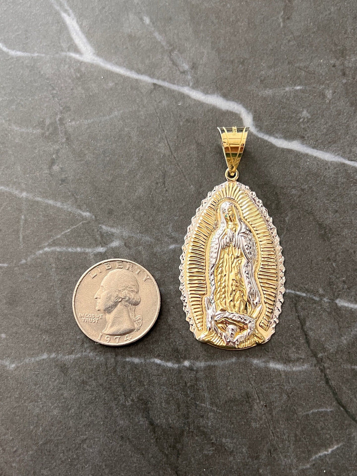 10K Yellow Gold .925 Sterling Silver Virgin Mother Mary Lady Guadalupe Charm/Pendant, Diamond Cut Real 10K Solid Mother Mary Jesus Medallion