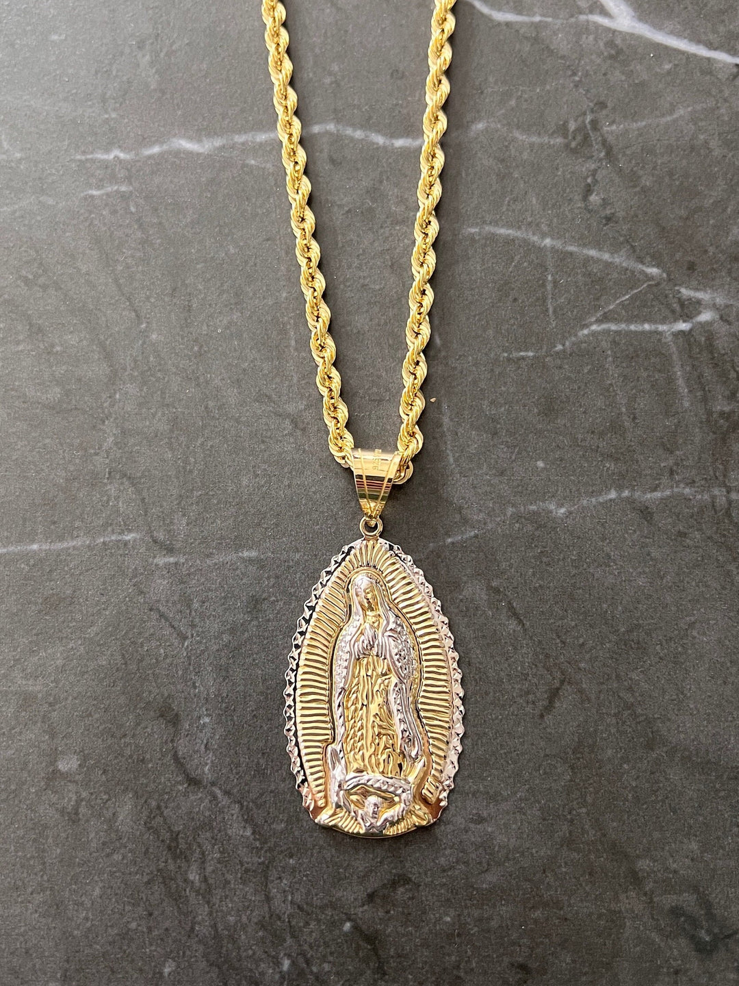 10K Yellow Gold .925 Sterling Silver Virgin Mother Mary Lady Guadalupe Charm/Pendant, Diamond Cut Real 10K Solid Mother Mary Jesus Medallion