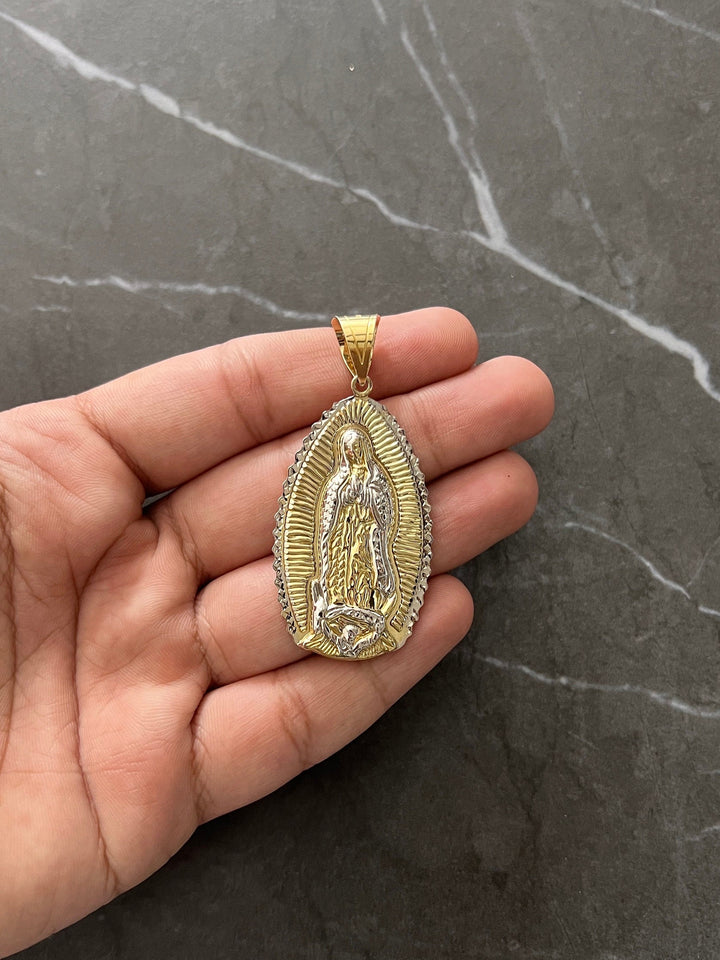 10K Yellow Gold .925 Sterling Silver Virgin Mother Mary Lady Guadalupe Charm/Pendant, Diamond Cut Real 10K Solid Mother Mary Jesus Medallion