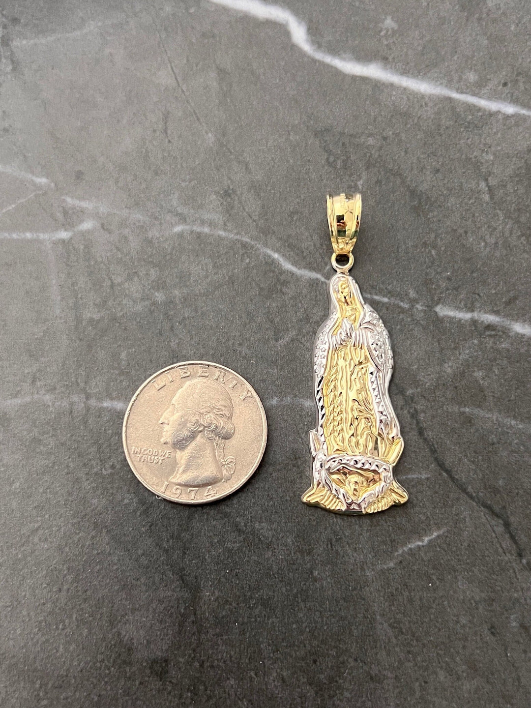 10K Yellow Gold .925 Sterling Silver Virgin Mother Mary Lady Guadalupe Charm/Pendant, Diamond Cut Real 10K Solid Mother Mary Jesus Medallion