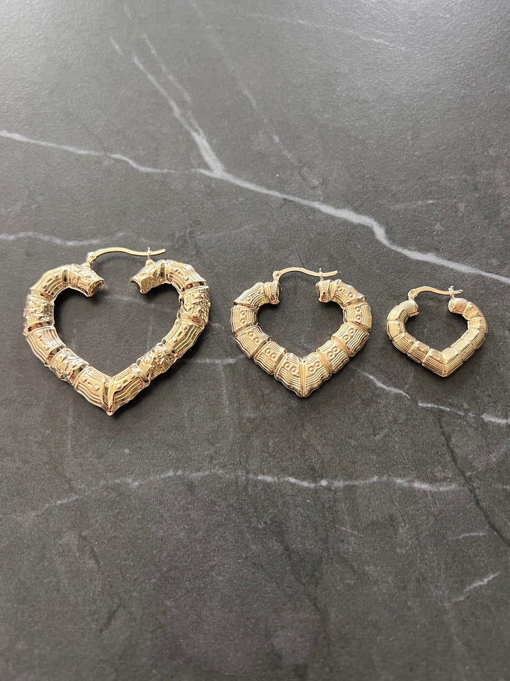 10K Yellow Gold .925 Sterling Silver Graduated Diamond Cut Bamboo Heart 10K Earrings, 10K Vintage Bamboo Style, Mother's Day Gift for Her