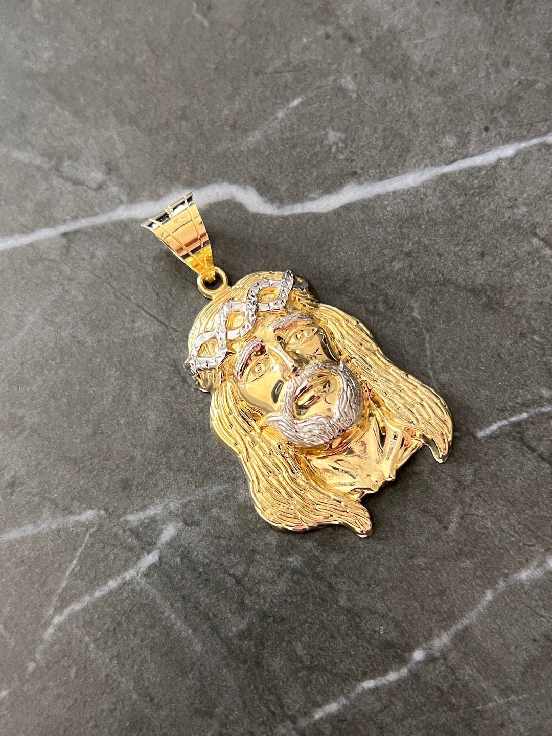 10K Yellow and White Gold .925 Sterling Silver Textured Diamond Cut Jesus Face/Head Charm/Pendant, The Face of Jesus Religious Gold Crown