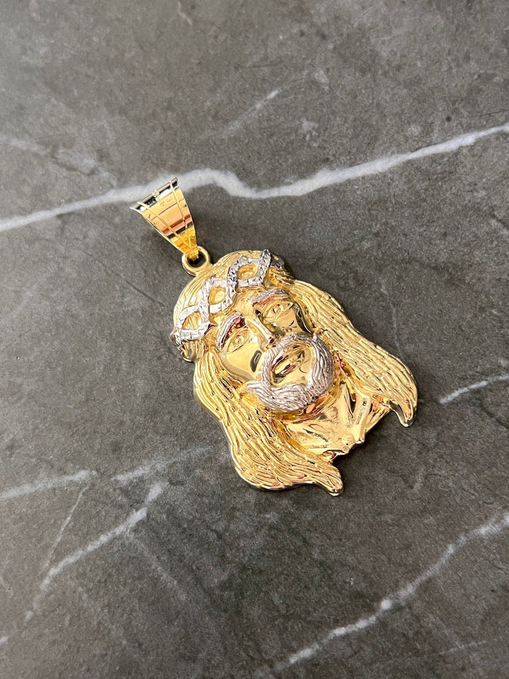 10K Yellow and White Gold .925 Sterling Silver Textured Diamond Cut Jesus Face/Head Charm/Pendant, The Face of Jesus Religious Gold Crown