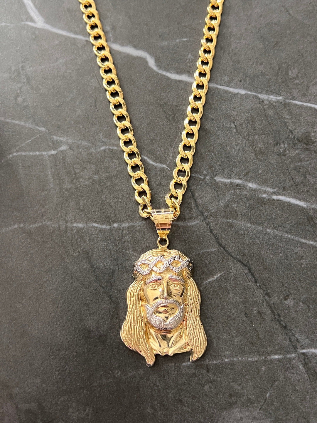 10K Yellow and White Gold .925 Sterling Silver Textured Diamond Cut Jesus Face/Head Charm/Pendant, The Face of Jesus Religious Gold Crown