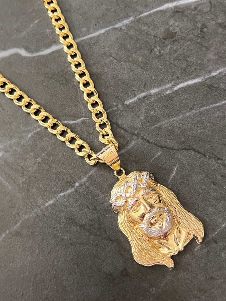 10K Yellow and White Gold .925 Sterling Silver Textured Diamond Cut Jesus Face/Head Charm/Pendant, The Face of Jesus Religious Gold Crown