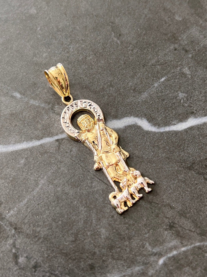 10K Yellow Gold .925 Sterling Silver Diamond Cut Saint Lazarus, Real Religious San Lazaro/Babalu Aye, Holy Walking Jesus Gold Charm/Pendant