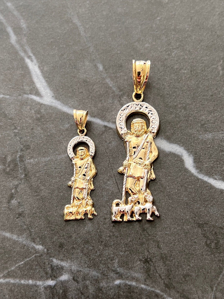 10K Yellow Gold .925 Sterling Silver Diamond Cut Saint Lazarus, Real Religious San Lazaro/Babalu Aye, Holy Walking Jesus Gold Charm/Pendant