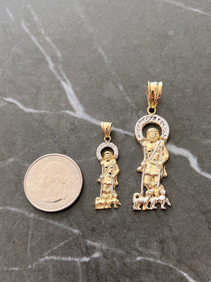 10K Yellow Gold .925 Sterling Silver Diamond Cut Saint Lazarus, Real Religious San Lazaro/Babalu Aye, Holy Walking Jesus Gold Charm/Pendant