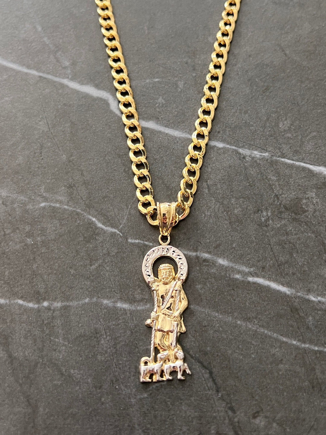 10K Yellow Gold .925 Sterling Silver Diamond Cut Saint Lazarus, Real Religious San Lazaro/Babalu Aye, Holy Walking Jesus Gold Charm/Pendant