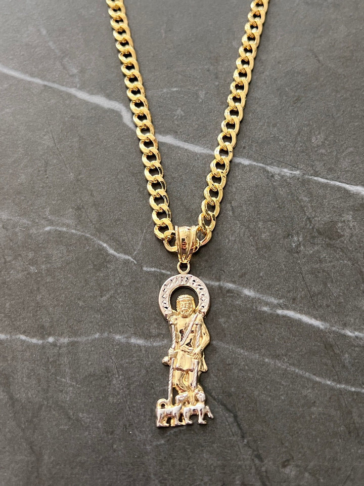 10K Yellow Gold .925 Sterling Silver Diamond Cut Saint Lazarus, Real Religious San Lazaro/Babalu Aye, Holy Walking Jesus Gold Charm/Pendant