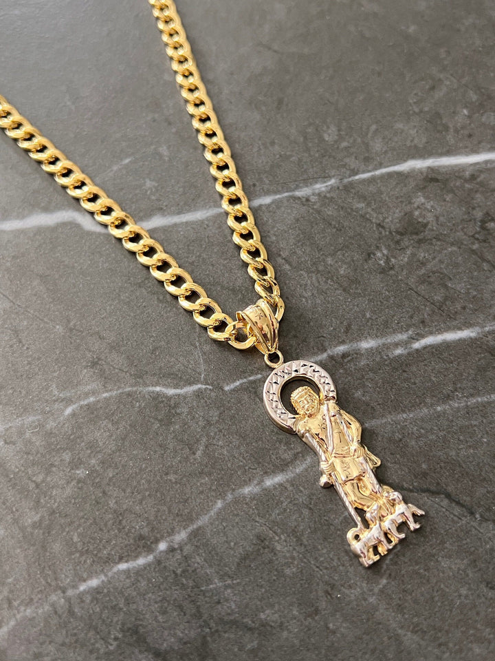 10K Yellow Gold .925 Sterling Silver Diamond Cut Saint Lazarus, Real Religious San Lazaro/Babalu Aye, Holy Walking Jesus Gold Charm/Pendant