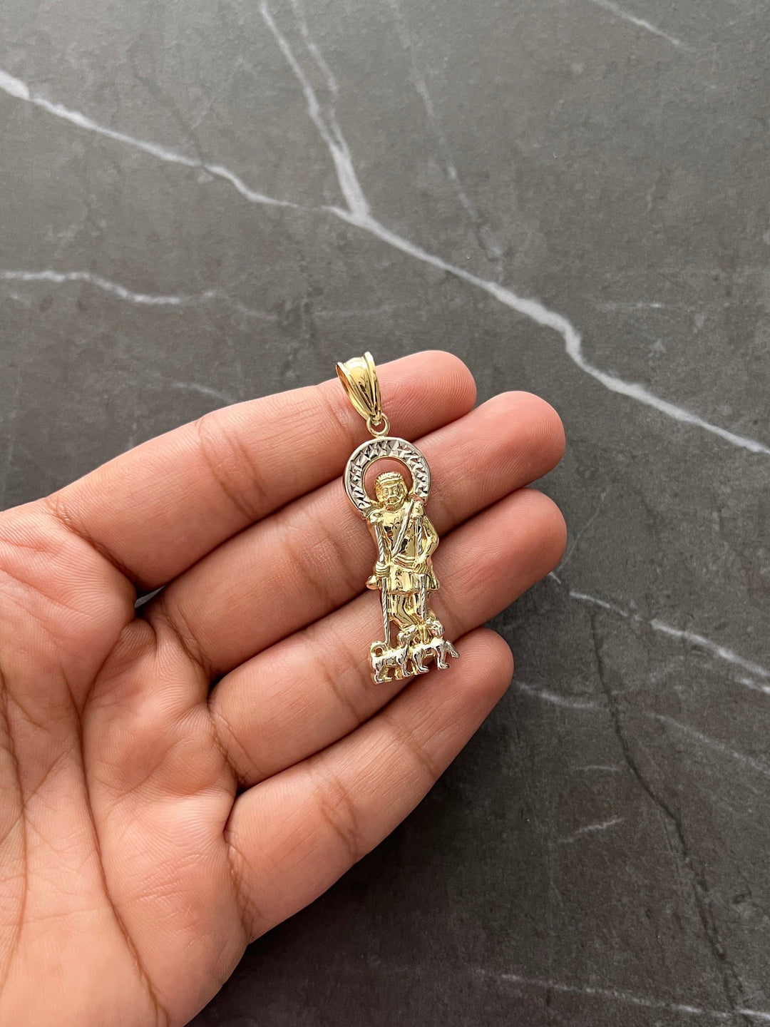 10K Yellow Gold .925 Sterling Silver Diamond Cut Saint Lazarus, Real Religious San Lazaro/Babalu Aye, Holy Walking Jesus Gold Charm/Pendant