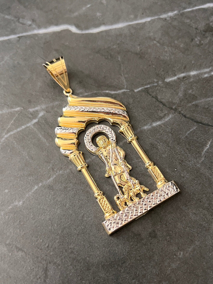 10K Yellow Gold .925 Sterling Silver Diamond Cut Saint Lazarus, Real Religious San Lazaro/Babalu Aye, Holy Walking Jesus Gold Charm/Pendant