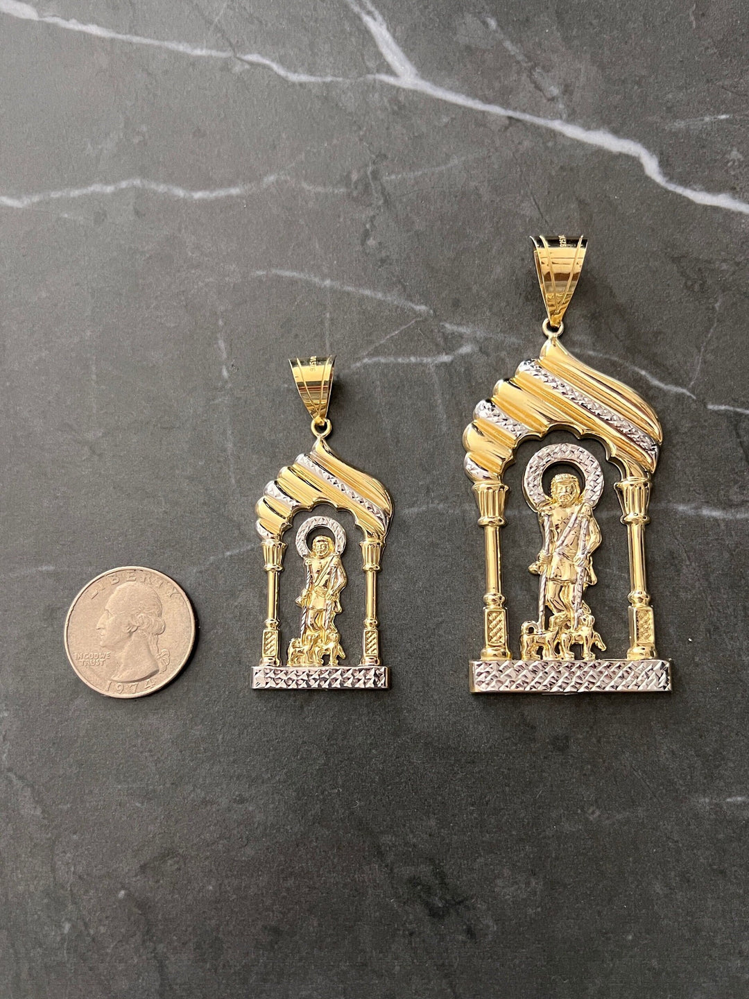 10K Yellow Gold .925 Sterling Silver Diamond Cut Saint Lazarus, Real Religious San Lazaro/Babalu Aye, Holy Walking Jesus Gold Charm/Pendant