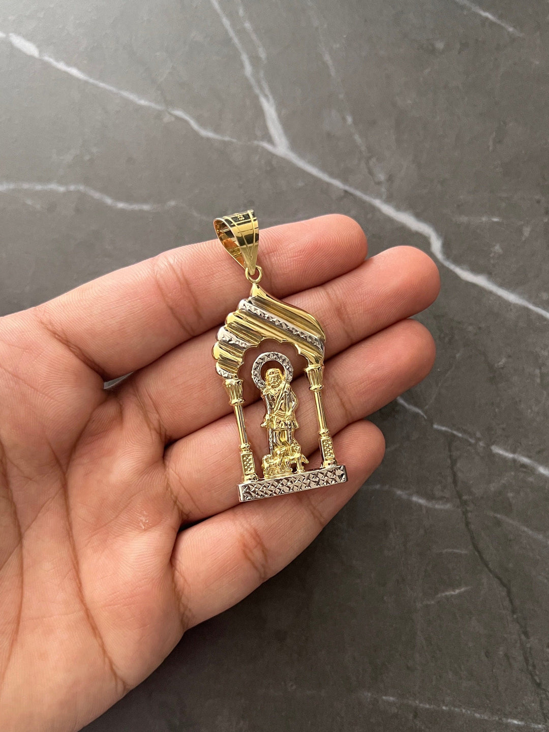 10K Yellow Gold .925 Sterling Silver Diamond Cut Saint Lazarus, Real Religious San Lazaro/Babalu Aye, Holy Walking Jesus Gold Charm/Pendant