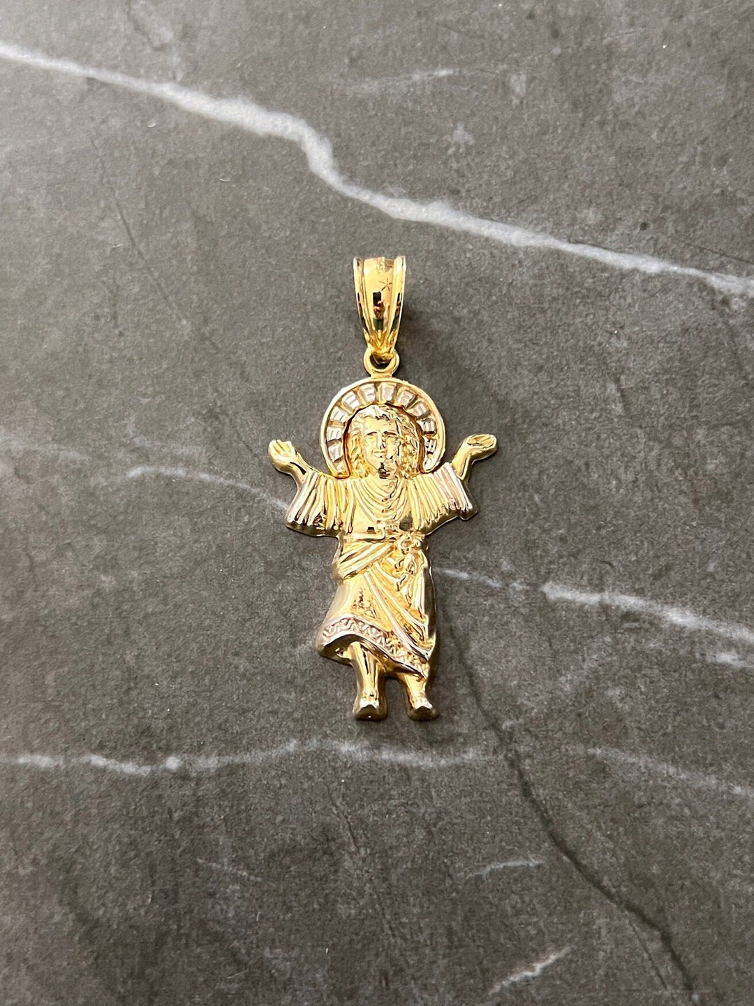 10K Yellow Gold .925 Sterling Silver Textured Diamond Cut Saint Jude with Halo Charm/Pendant, Saint Jude Thaddeus Medal 10K San Judas Saint