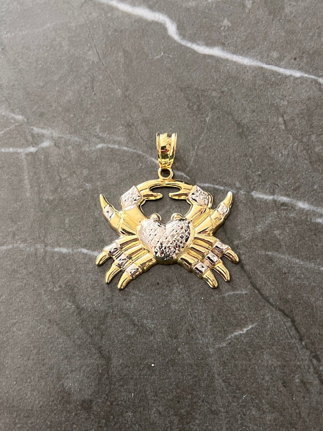 10K Yellow Gold .925 Sterling Silver Animal Nature Crab with Diamond Cut Heart Charm/Pendant, 10K Cancer Zodiac Charm Gold Horoscope Jewelry