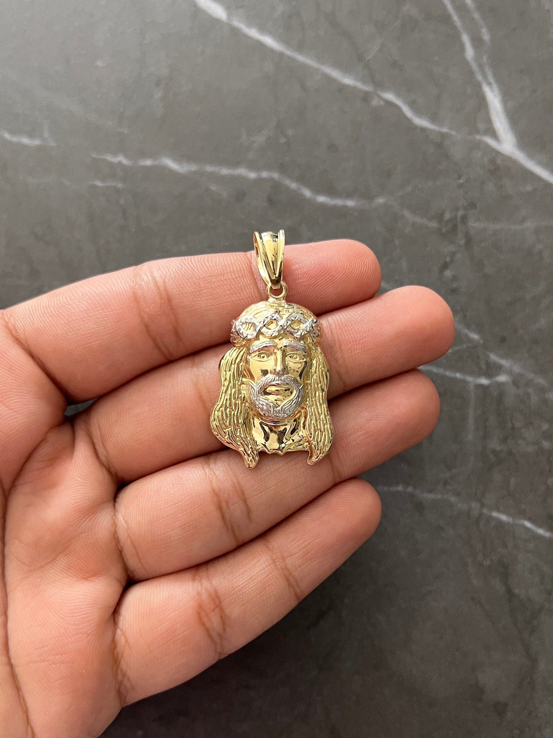 10K Yellow and White Gold .925 Sterling Silver Textured Diamond Cut Jesus Face/Head Charm/Pendant, The Face of Jesus Religious Gold Crown