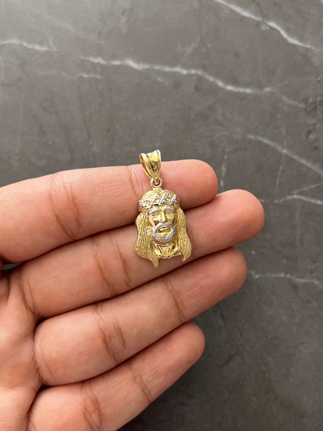 10K Yellow and White Gold .925 Sterling Silver Textured Diamond Cut Jesus Face/Head Charm/Pendant, The Face of Jesus Religious Gold Crown