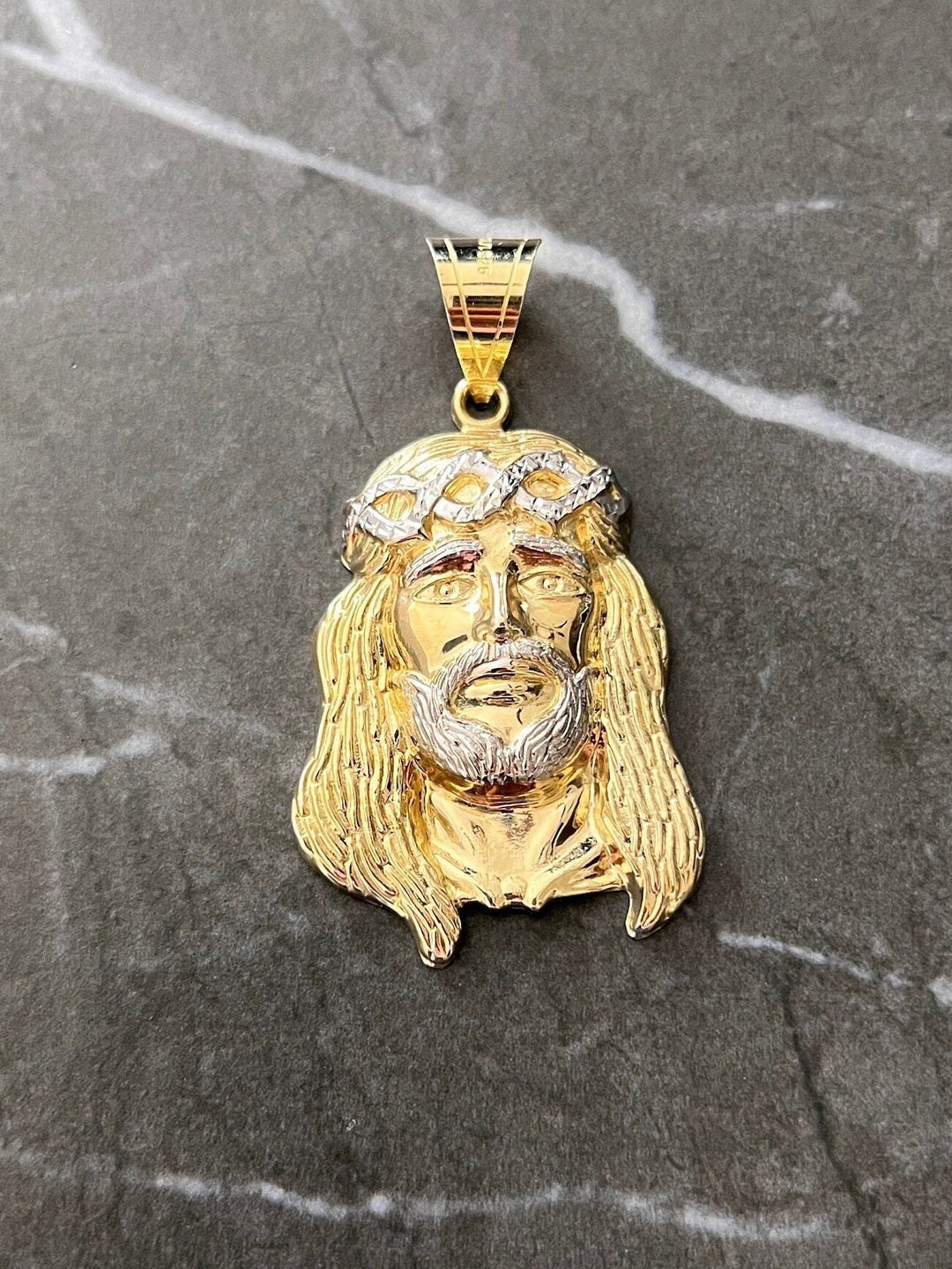 10K Yellow and White Gold .925 Sterling Silver Textured Diamond Cut Jesus Face/Head Charm/Pendant, The Face of Jesus Religious Gold Crown