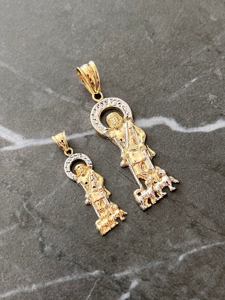 10K Yellow Gold .925 Sterling Silver Diamond Cut Saint Lazarus, Real Religious San Lazaro/Babalu Aye, Holy Walking Jesus Gold Charm/Pendant