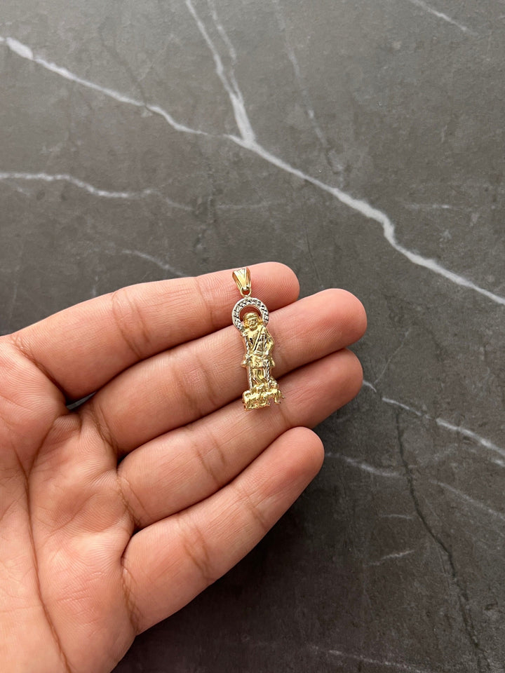 10K Yellow Gold .925 Sterling Silver Diamond Cut Saint Lazarus, Real Religious San Lazaro/Babalu Aye, Holy Walking Jesus Gold Charm/Pendant