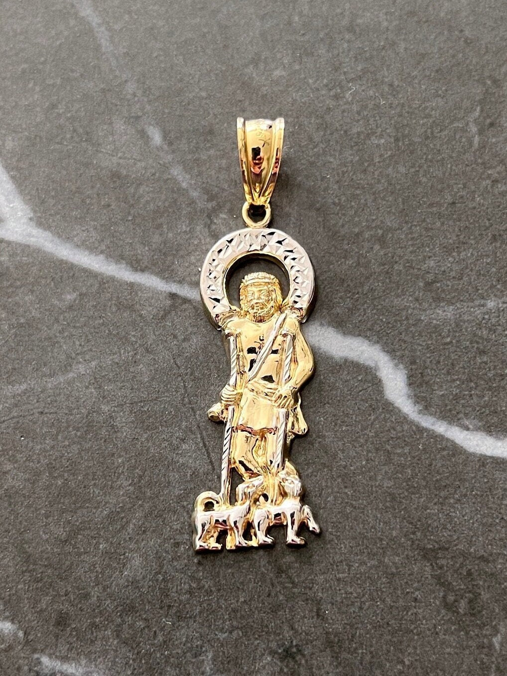 10K Yellow Gold .925 Sterling Silver Diamond Cut Saint Lazarus, Real Religious San Lazaro/Babalu Aye, Holy Walking Jesus Gold Charm/Pendant