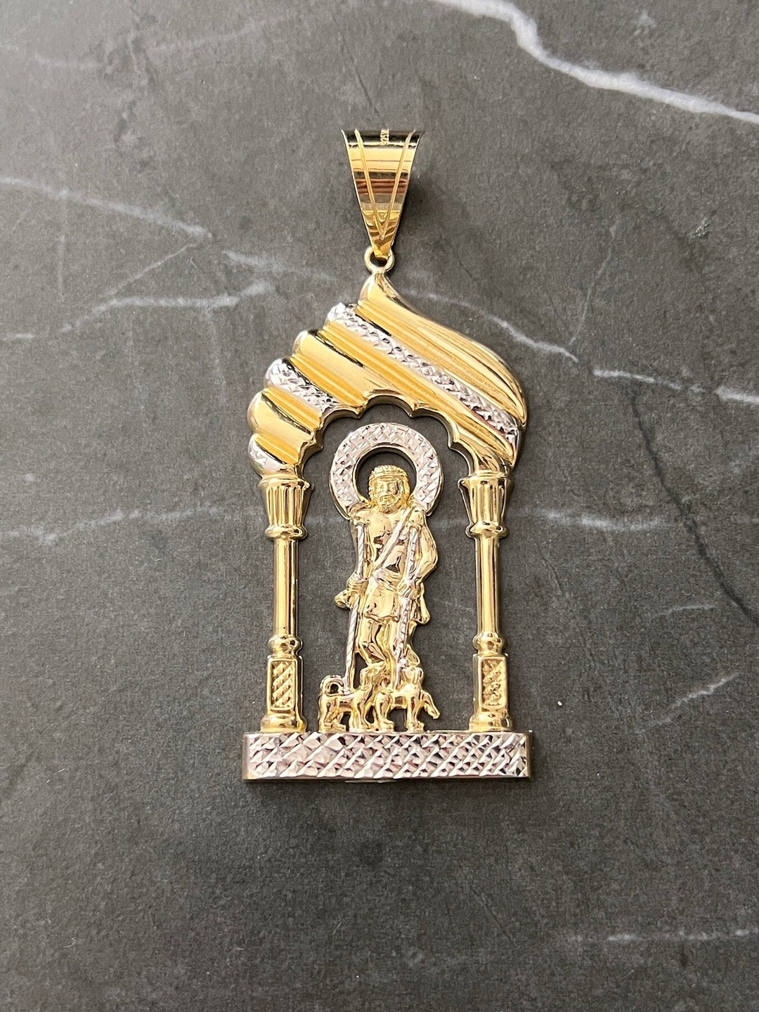 10K Yellow Gold .925 Sterling Silver Diamond Cut Saint Lazarus, Real Religious San Lazaro/Babalu Aye, Holy Walking Jesus Gold Charm/Pendant