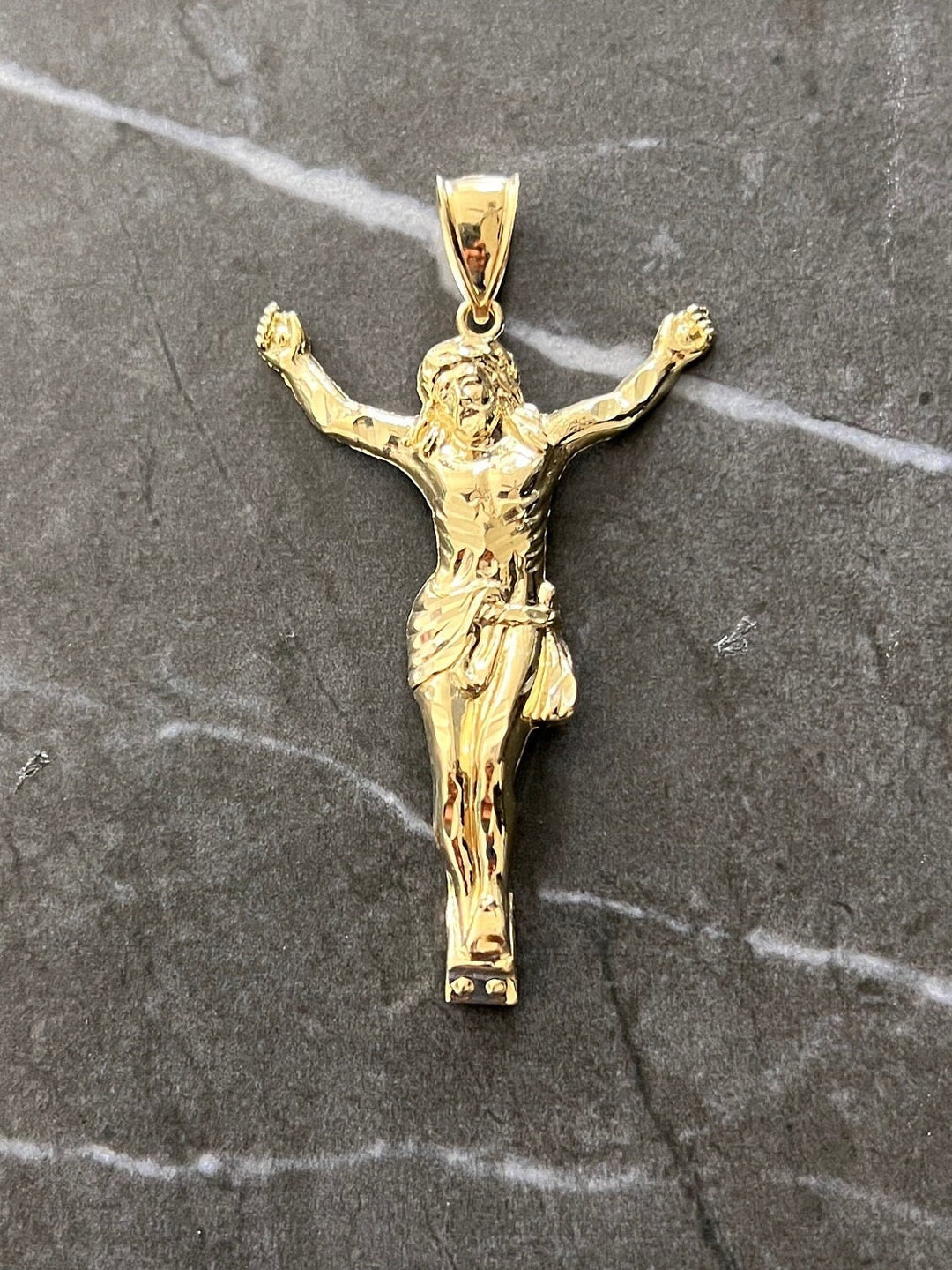Authentic 10K Solid Gold Diamond Cut Textured, Full Body Jesus Crucifix Yellow Gold Charm/Pendant, The Face/Body of Jesus Religious 10K Gold