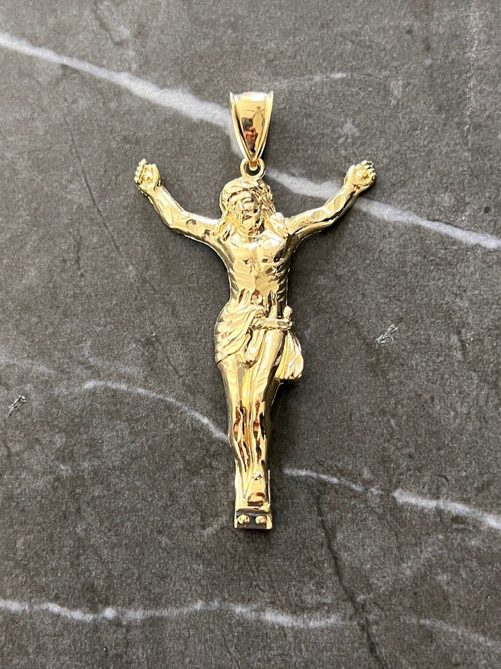 Authentic 10K Solid Gold Diamond Cut Textured, Full Body Jesus Crucifix Yellow Gold Charm/Pendant, The Face/Body of Jesus Religious 10K Gold