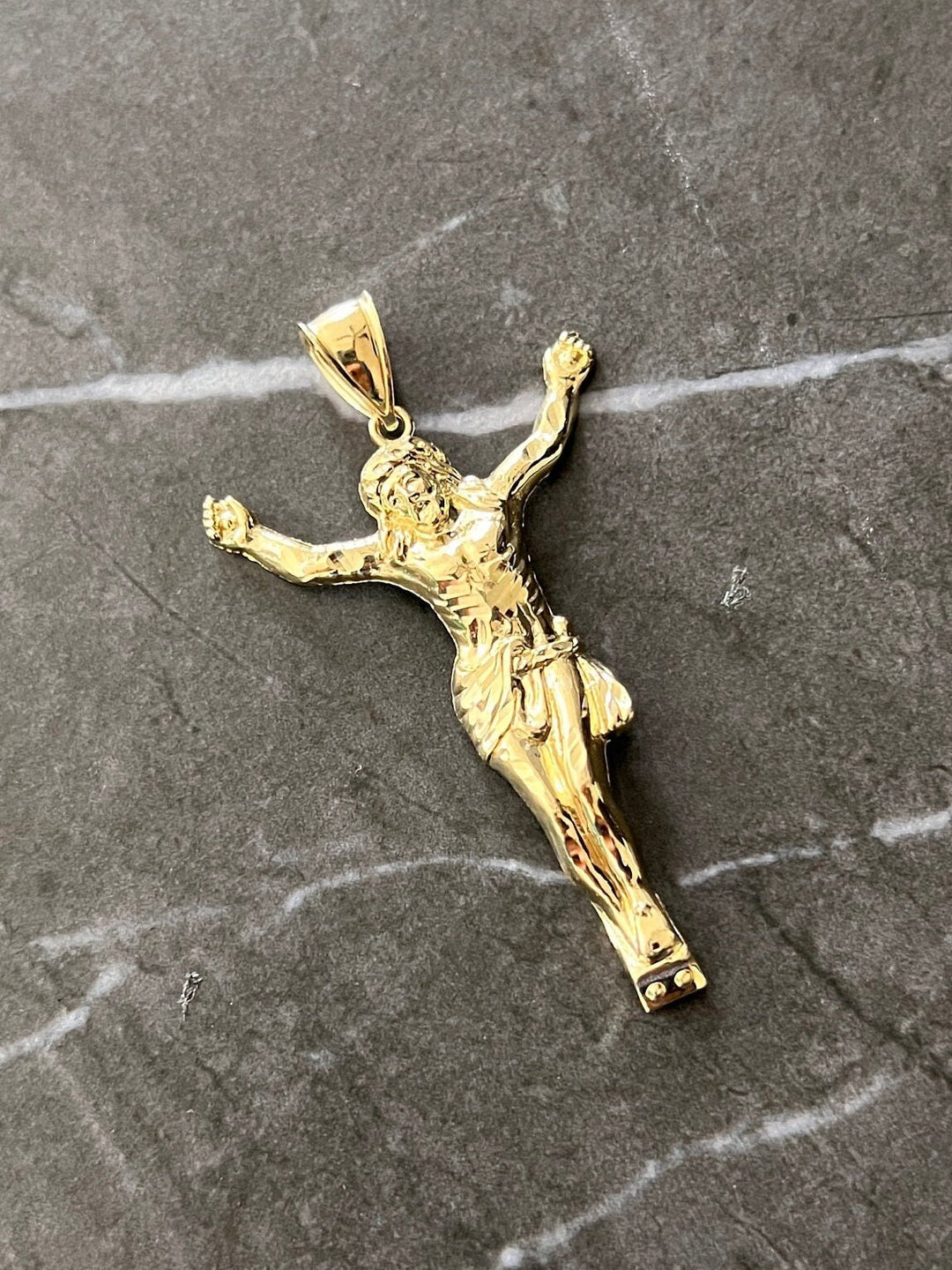 Authentic 10K Solid Gold Diamond Cut Textured, Full Body Jesus Crucifix Yellow Gold Charm/Pendant, The Face/Body of Jesus Religious 10K Gold