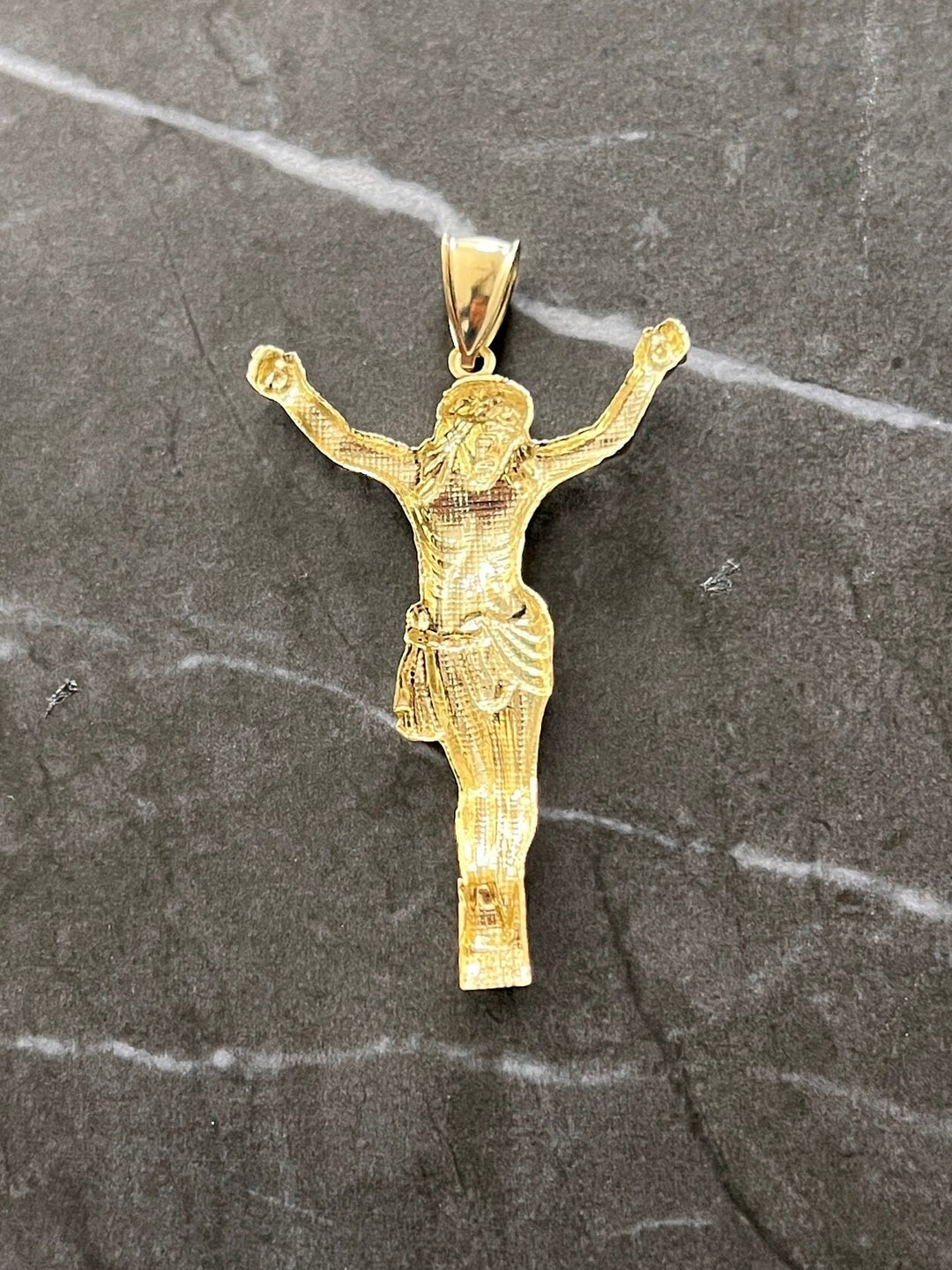 Authentic 10K Solid Gold Diamond Cut Textured, Full Body Jesus Crucifix Yellow Gold Charm/Pendant, The Face/Body of Jesus Religious 10K Gold