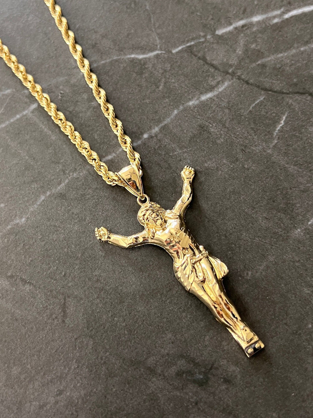 Authentic 10K Solid Gold Diamond Cut Textured, Full Body Jesus Crucifix Yellow Gold Charm/Pendant, The Face/Body of Jesus Religious 10K Gold