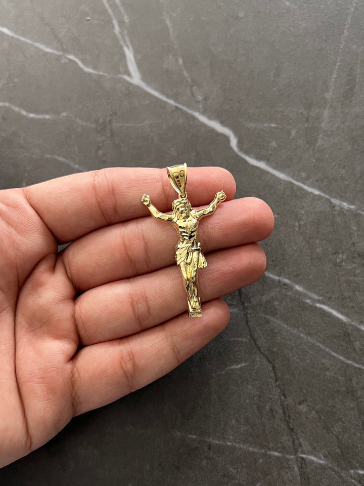 Authentic 10K Solid Gold Diamond Cut Textured, Full Body Jesus Crucifix Yellow Gold Charm/Pendant, The Face/Body of Jesus Religious 10K Gold