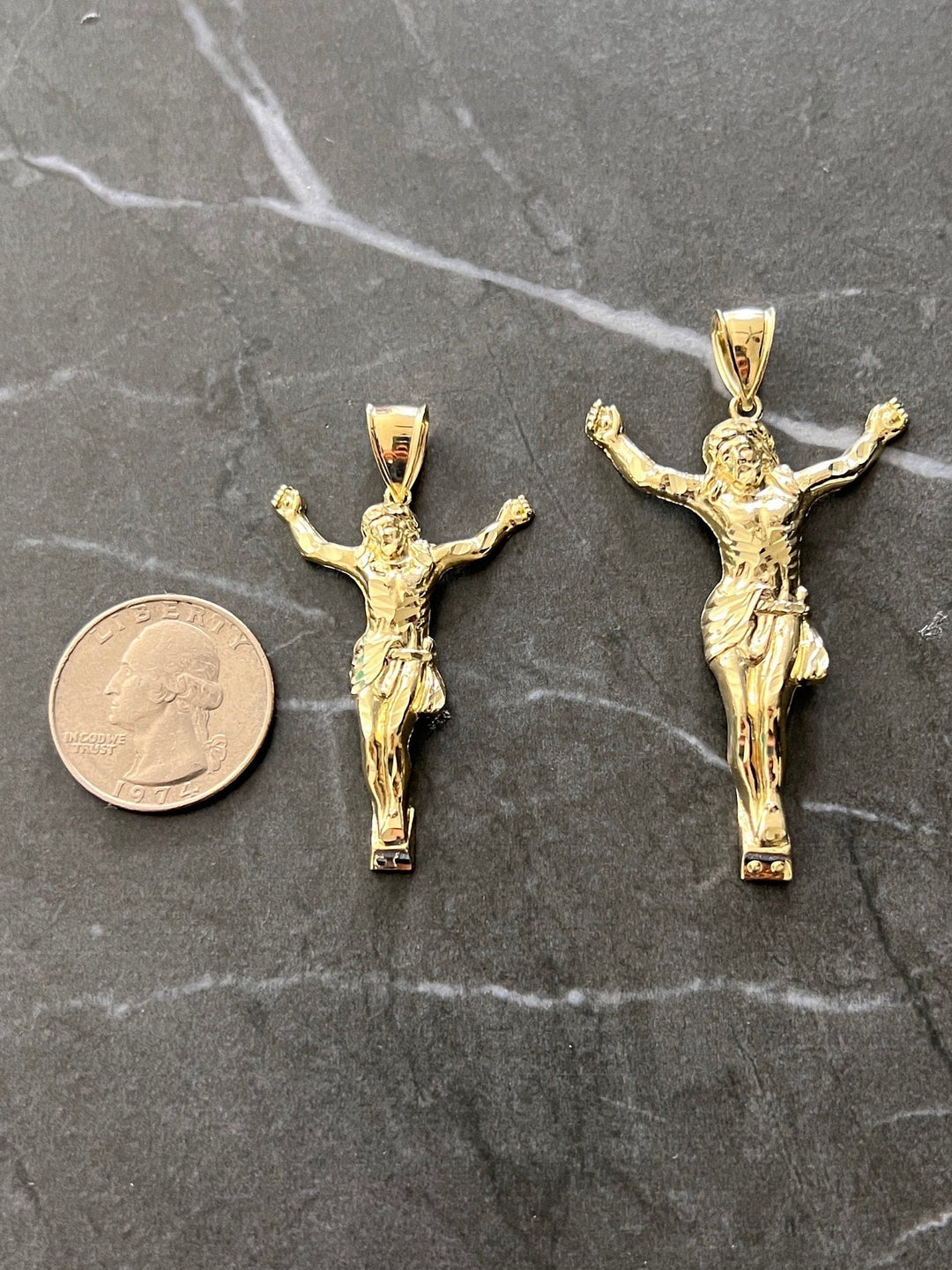 Authentic 10K Solid Gold Diamond Cut Textured, Full Body Jesus Crucifix Yellow Gold Charm/Pendant, The Face/Body of Jesus Religious 10K Gold