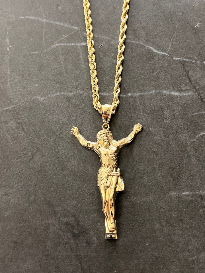 Authentic 10K Solid Gold Diamond Cut Textured, Full Body Jesus Crucifix Yellow Gold Charm/Pendant, The Face/Body of Jesus Religious 10K Gold