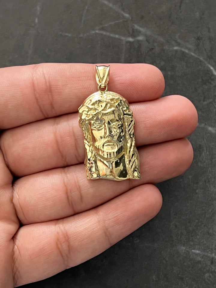 Authentic 10K Yellow Gold Textured Diamond Cut Religious Jesus Face/Head Amulet Charm/Pendant, "the Face of Jesus will Always be with You"