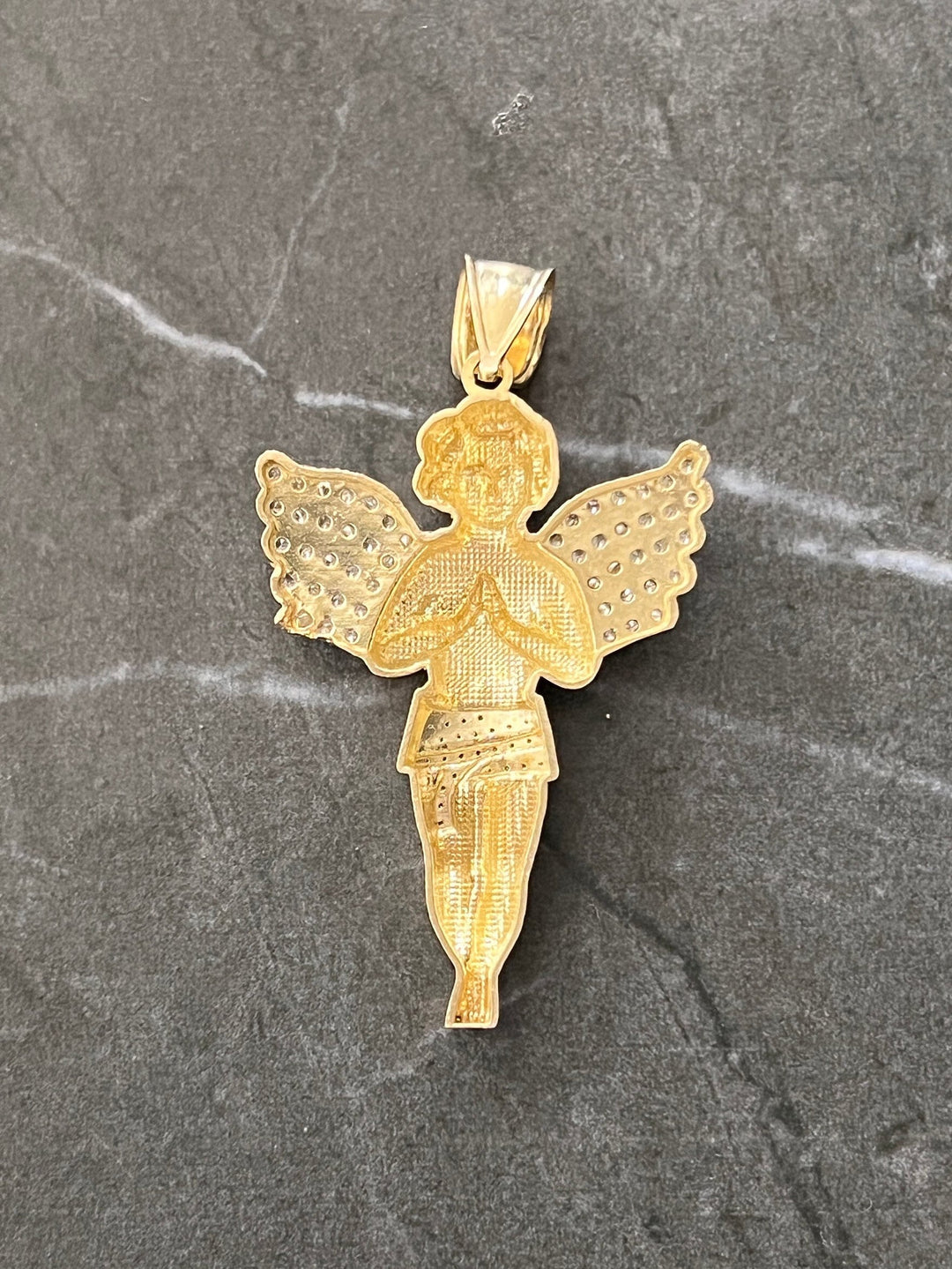 Authentic 10K Gold Guardian, Praying Baby Angel Pendant Bold Wings Charm/Pendant, Diamond Cut Solid 10K Gold Always be with You Angel Charm