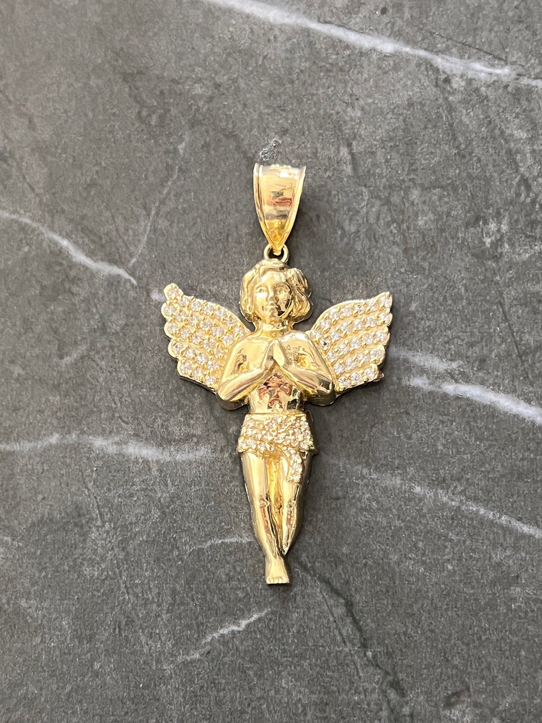 Authentic 10K Gold Guardian, Praying Baby Angel Pendant Bold Wings Charm/Pendant, Diamond Cut Solid 10K Gold Always be with You Angel Charm